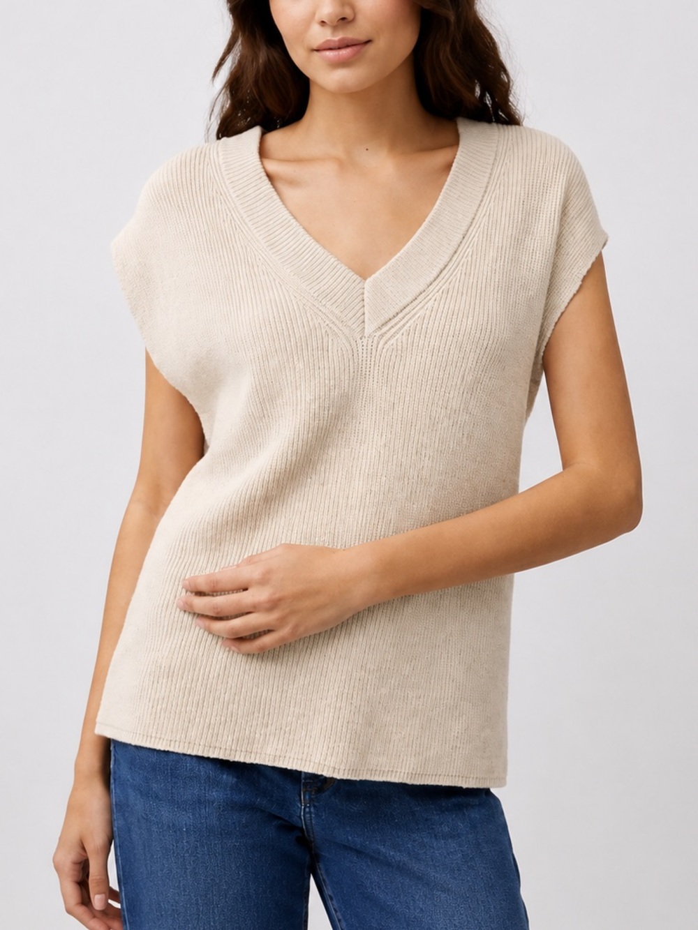 🆕🌾French Connection Oatmeal Ribbed Knit Sweater Vest V-Neck Size L Casual Chic